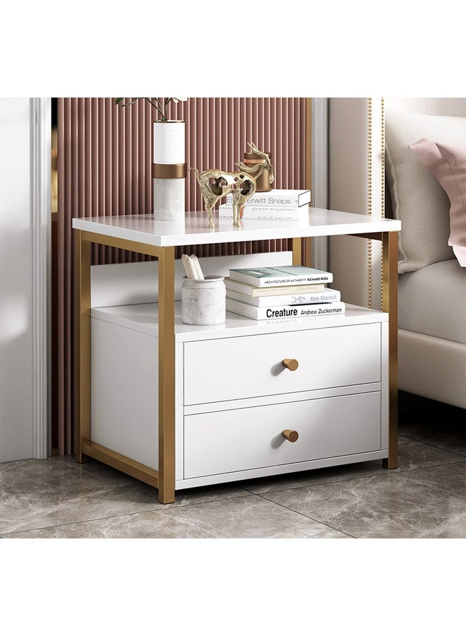 Modern 2-Drawer Bedside Table with Open Shelf, White & Gold Finish – 40x34x50 cm - Image 1